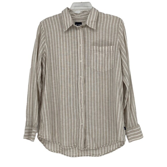 Gap Linen Blend Button Down Mens SMALL Tan Stripe Pocket Long Sleeve - Picture 2 of 12
